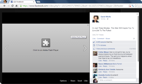 Facebook video will display the Adobe message --- Click to run Adobe Flash Player