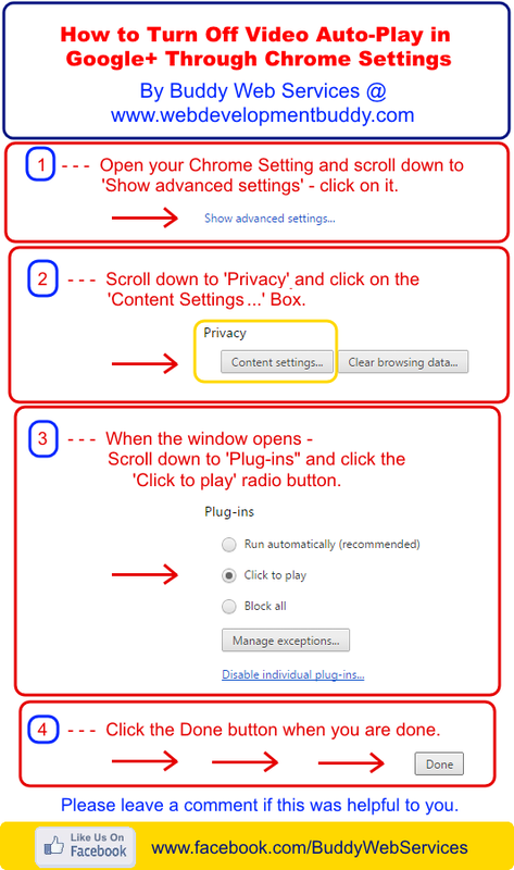 Google+ - turn off auto video play by Buddy Web Services
