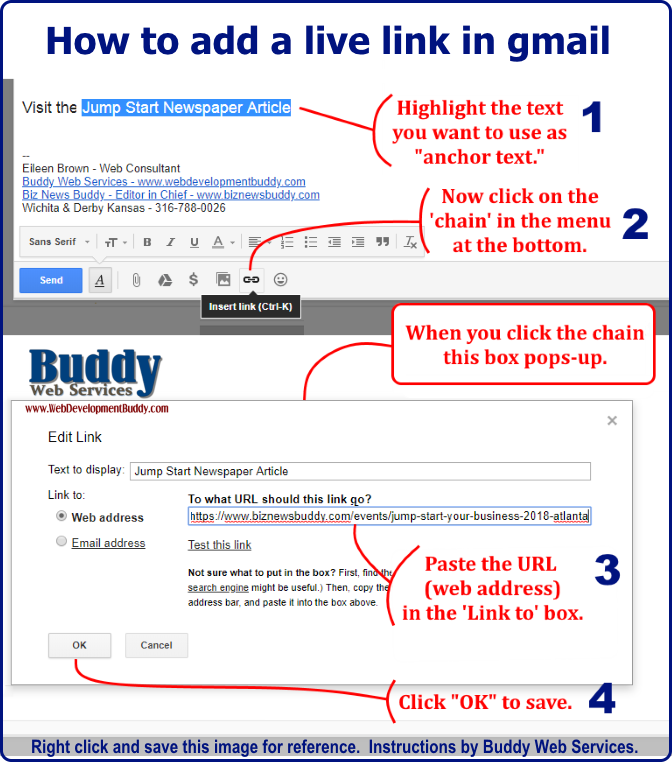 How to add a live link in gmail.  By Buddy Web Services